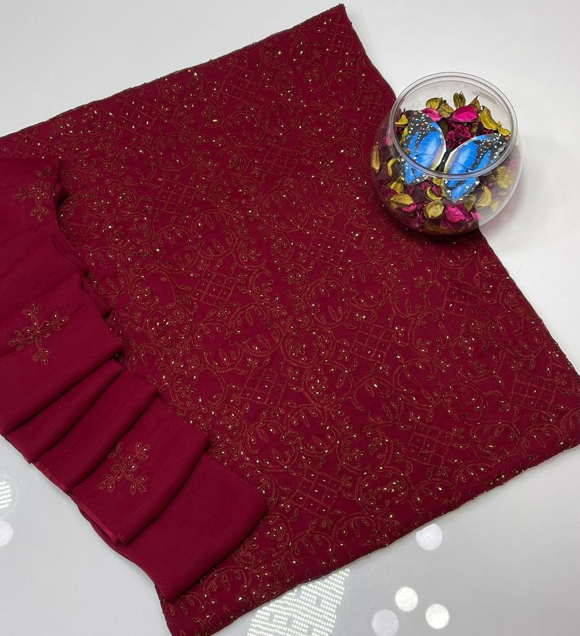 Elegant Soft Chiffon Shirt with Embroidered Dupatta maroon